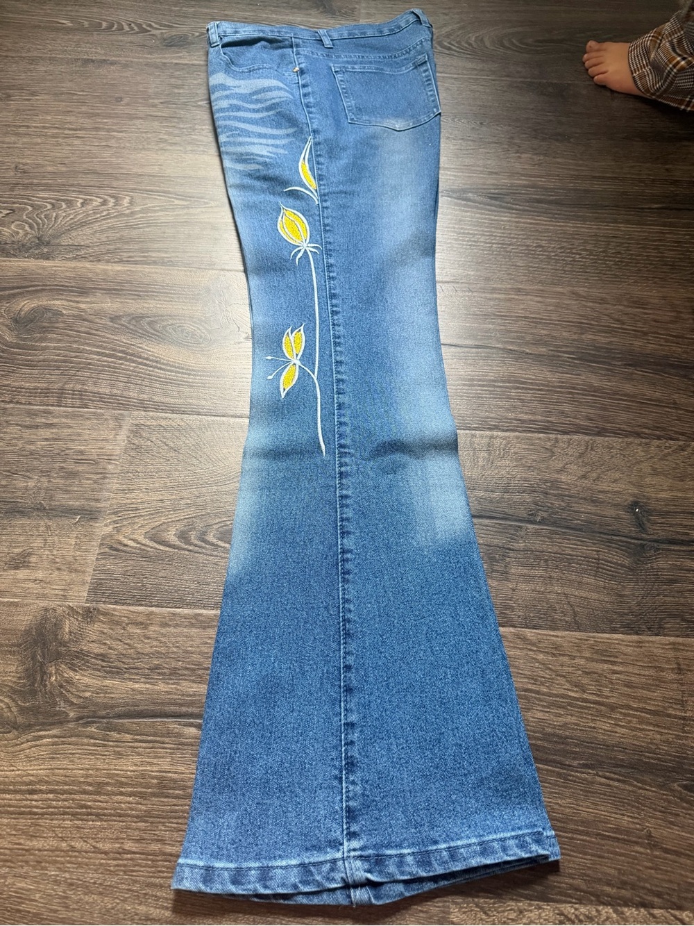 Blue Flared Jeans with Yellow Floral Side Embroidery